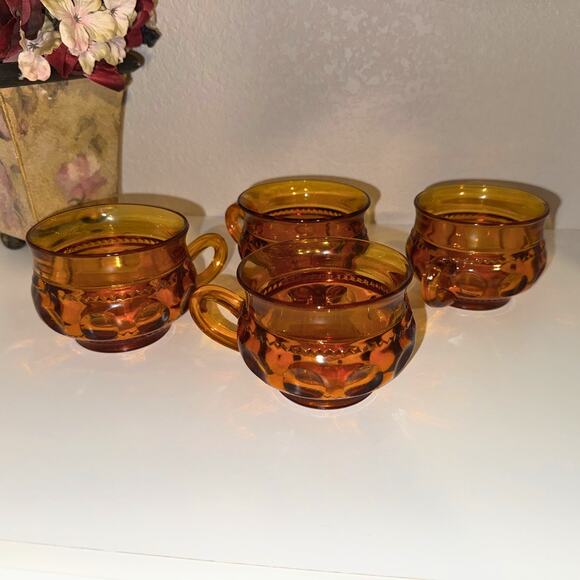 Vintage Amber Glass Thumbprint Cups | Set of 4 | Warm Fall Midcentury MCM - Picture 10 of 11